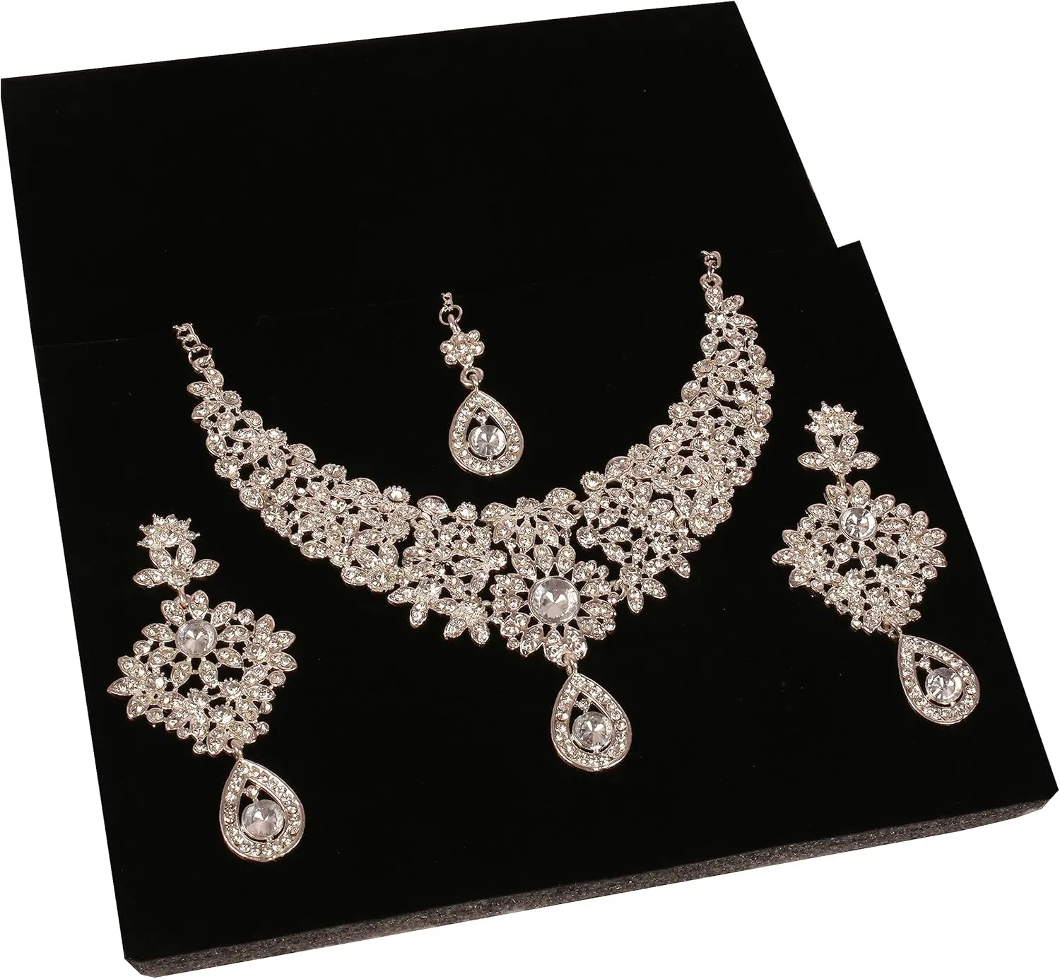 Touchstone Indian Jewelry Sets for Women Bollywood Necklace Earring Wedding high Fashion Victorian Formal Style Jewellery desi Artificial Imitation joyeria Rhinestone in Antique Gold or White Tone.