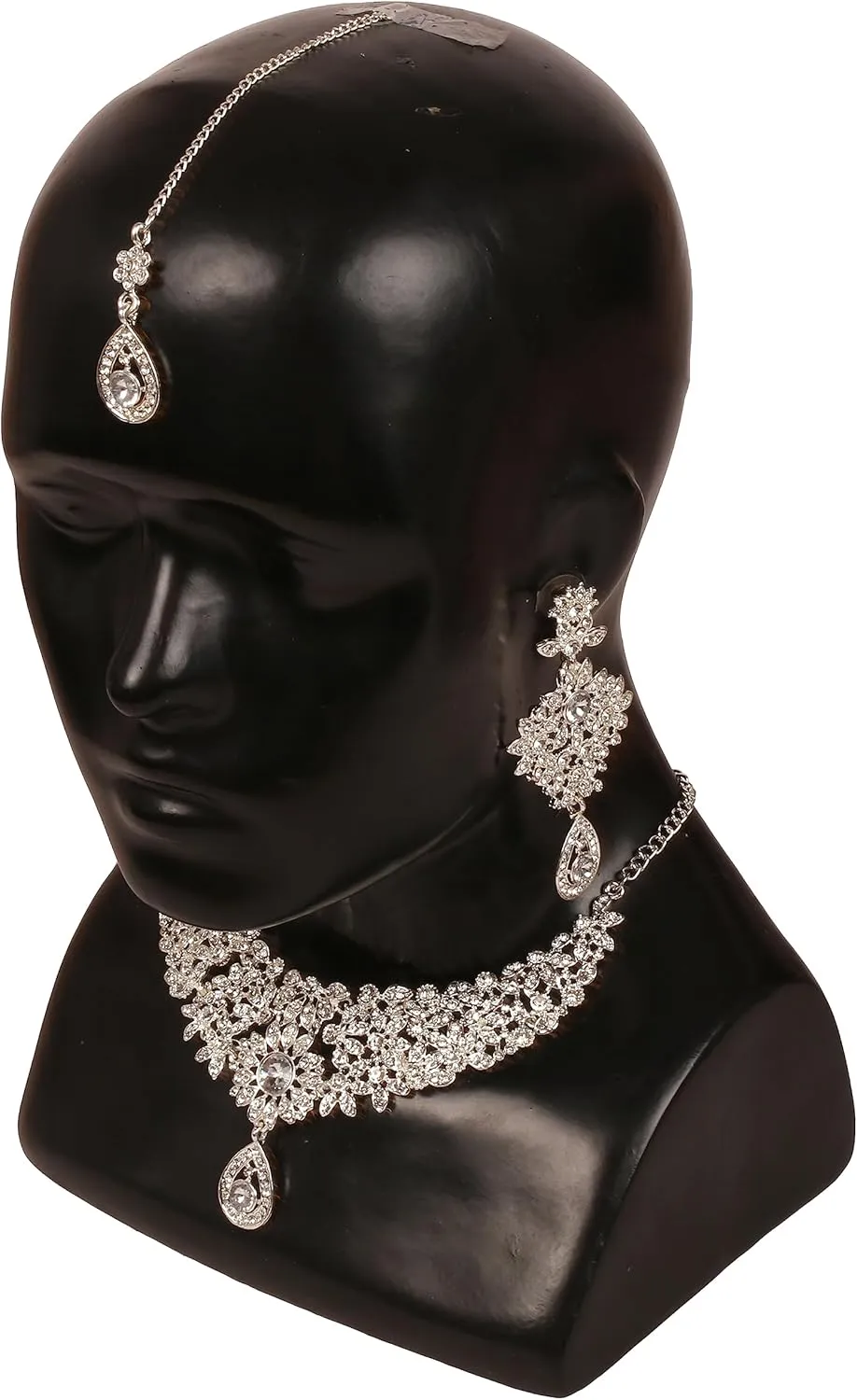 Touchstone Indian Jewelry Sets for Women Bollywood Necklace Earring Wedding high Fashion Victorian Formal Style Jewellery desi Artificial Imitation joyeria Rhinestone in Antique Gold or White Tone.