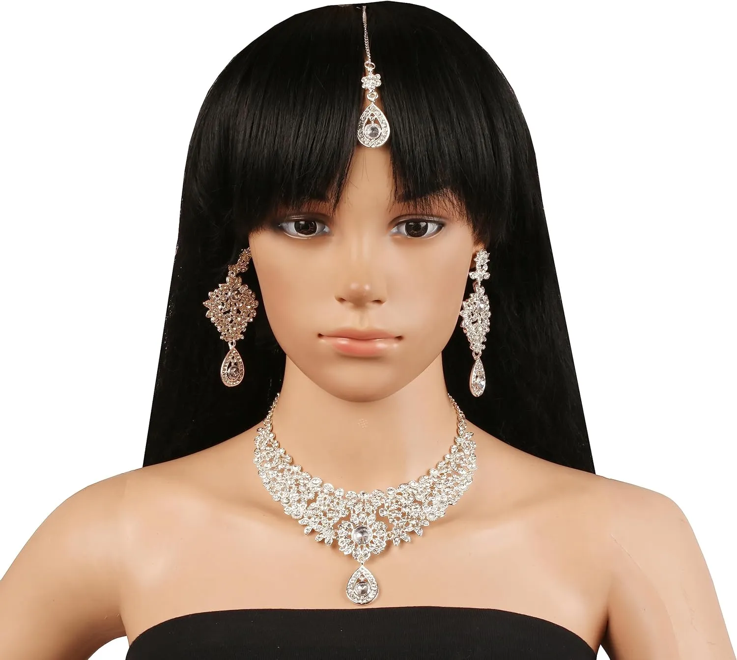 Touchstone Indian Jewelry Sets for Women Bollywood Necklace Earring Wedding high Fashion Victorian Formal Style Jewellery desi Artificial Imitation joyeria Rhinestone in Antique Gold or White Tone.