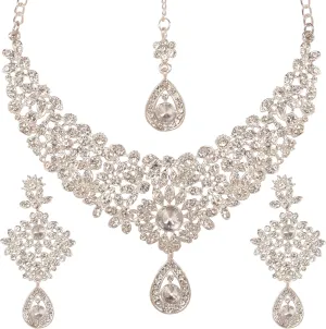 Touchstone Indian Jewelry Sets for Women Bollywood Necklace Earring Wedding high Fashion Victorian Formal Style Jewellery desi Artificial Imitation joyeria Rhinestone in Antique Gold or White Tone.