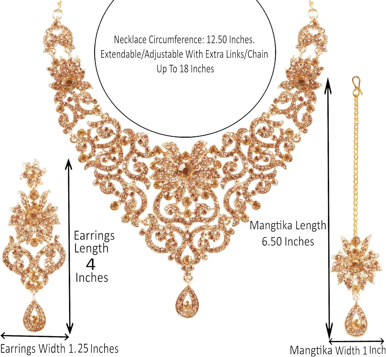 Touchstone Indian Jewelry Sets for Women Bollywood Wedding Bridal Necklace desi Earrings Formal Fancy Rhinestone India Designer Jewellery Punjabi Tikka Set in Antique Gold or Silver or White Tone