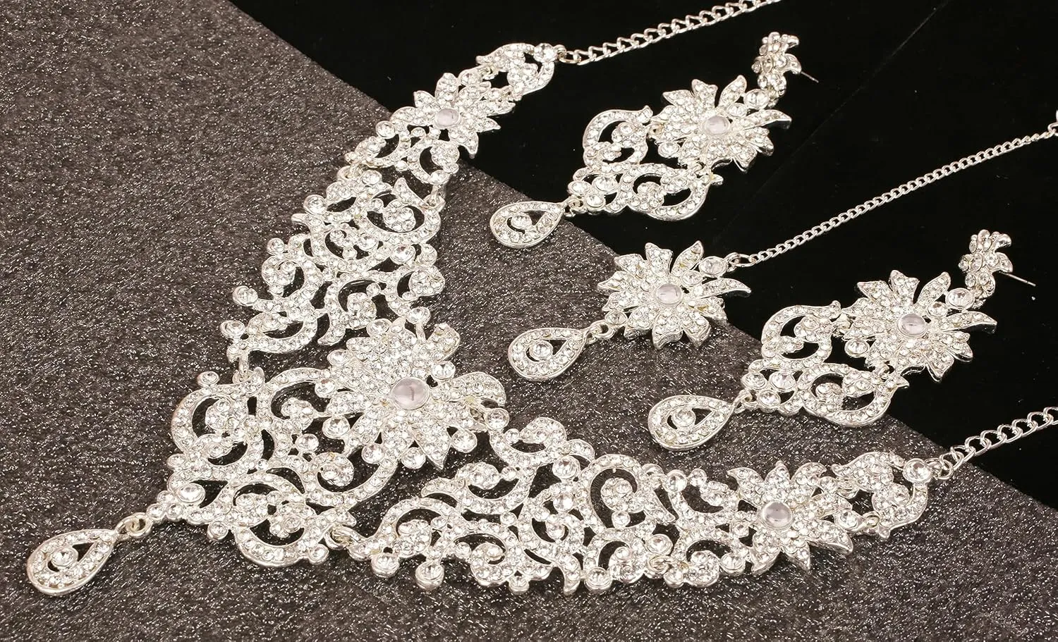 Touchstone Indian Jewelry Sets for Women Bollywood Wedding Bridal Necklace desi Earrings Formal Fancy Rhinestone India Designer Jewellery Punjabi Tikka Set in Antique Gold or Silver or White Tone