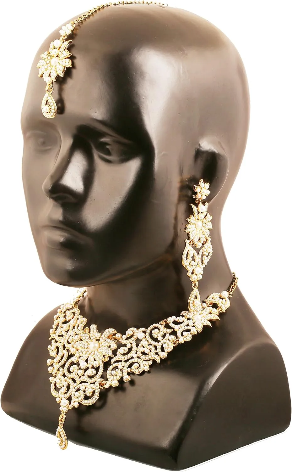 Touchstone Indian Jewelry Sets for Women Bollywood Wedding Bridal Necklace desi Earrings Formal Fancy Rhinestone India Designer Jewellery Punjabi Tikka Set in Antique Gold or Silver or White Tone
