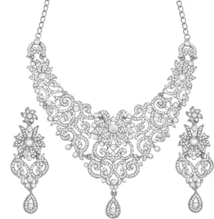 Touchstone Indian Jewelry Sets for Women Bollywood Wedding Bridal Necklace desi Earrings Formal Fancy Rhinestone India Designer Jewellery Punjabi Tikka Set in Antique Gold or Silver or White Tone