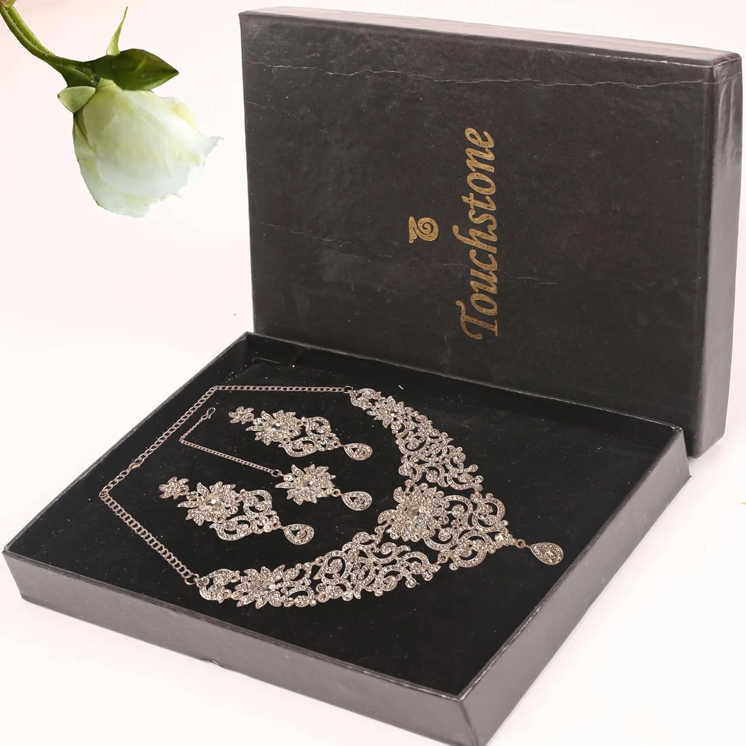 Touchstone Indian Jewelry Sets for Women Bollywood Wedding Bridal Necklace desi Earrings Formal Fancy Rhinestone India Designer Jewellery Punjabi Tikka Set in Antique Gold or Silver or White Tone