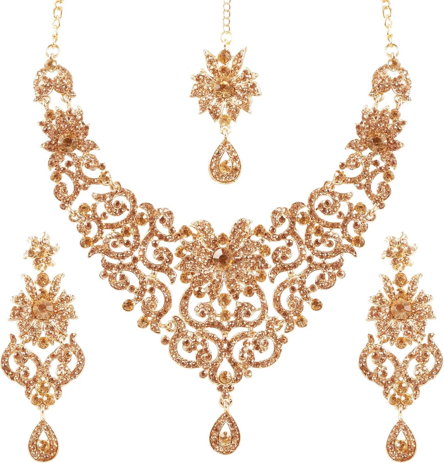 Touchstone Indian Jewelry Sets for Women Bollywood Wedding Bridal Necklace desi Earrings Formal Fancy Rhinestone India Designer Jewellery Punjabi Tikka Set in Antique Gold or Silver or White Tone