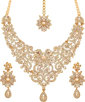 Touchstone Indian Jewelry Sets for Women Bollywood Wedding Bridal Necklace desi Earrings Formal Fancy Rhinestone India Designer Jewellery Punjabi Tikka Set in Antique Gold or Silver or White Tone