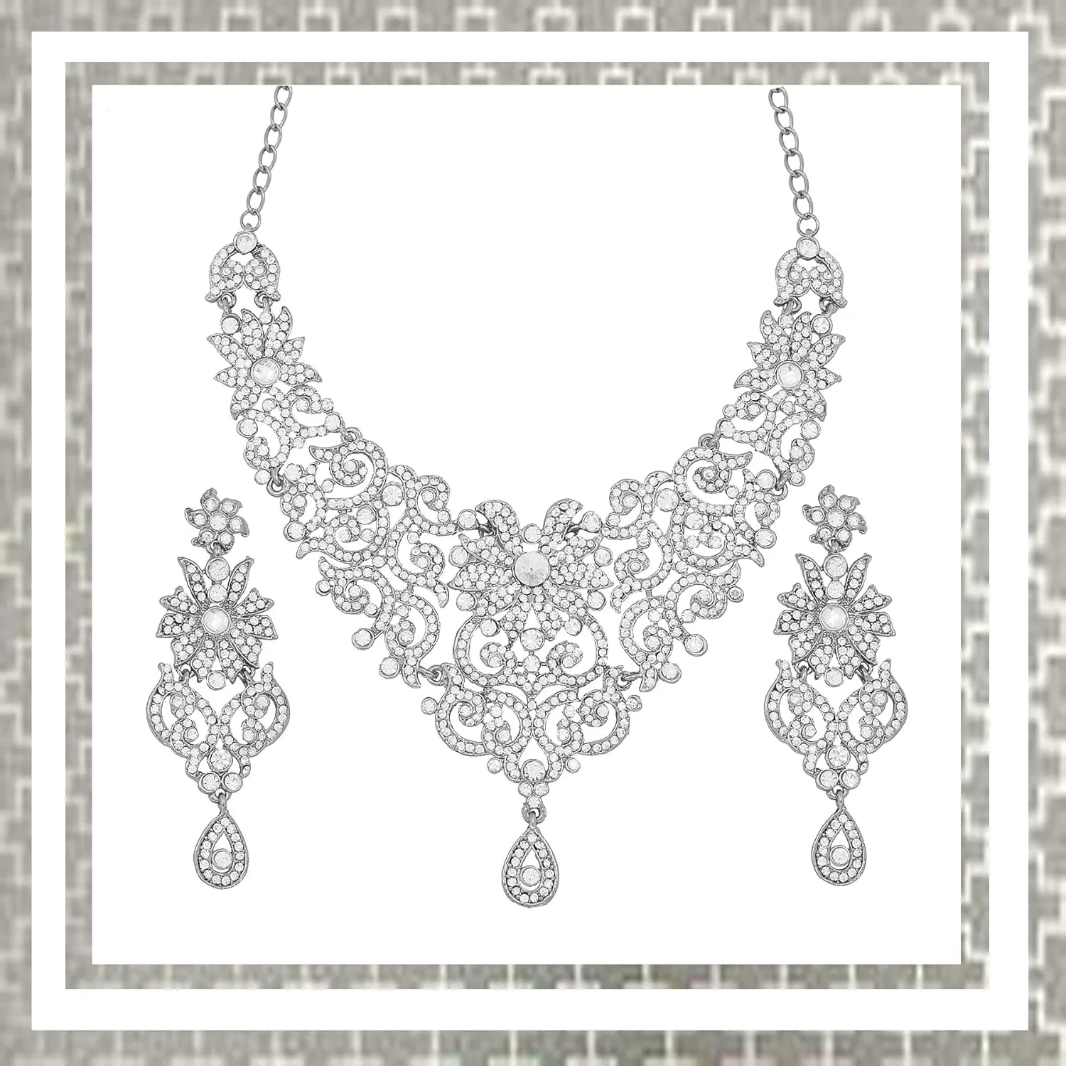 Touchstone Indian Jewelry Sets for Women Bollywood Wedding Bridal Necklace desi Earrings Formal Fancy Rhinestone India Designer Jewellery Punjabi Tikka Set in Antique Gold or Silver or White Tone