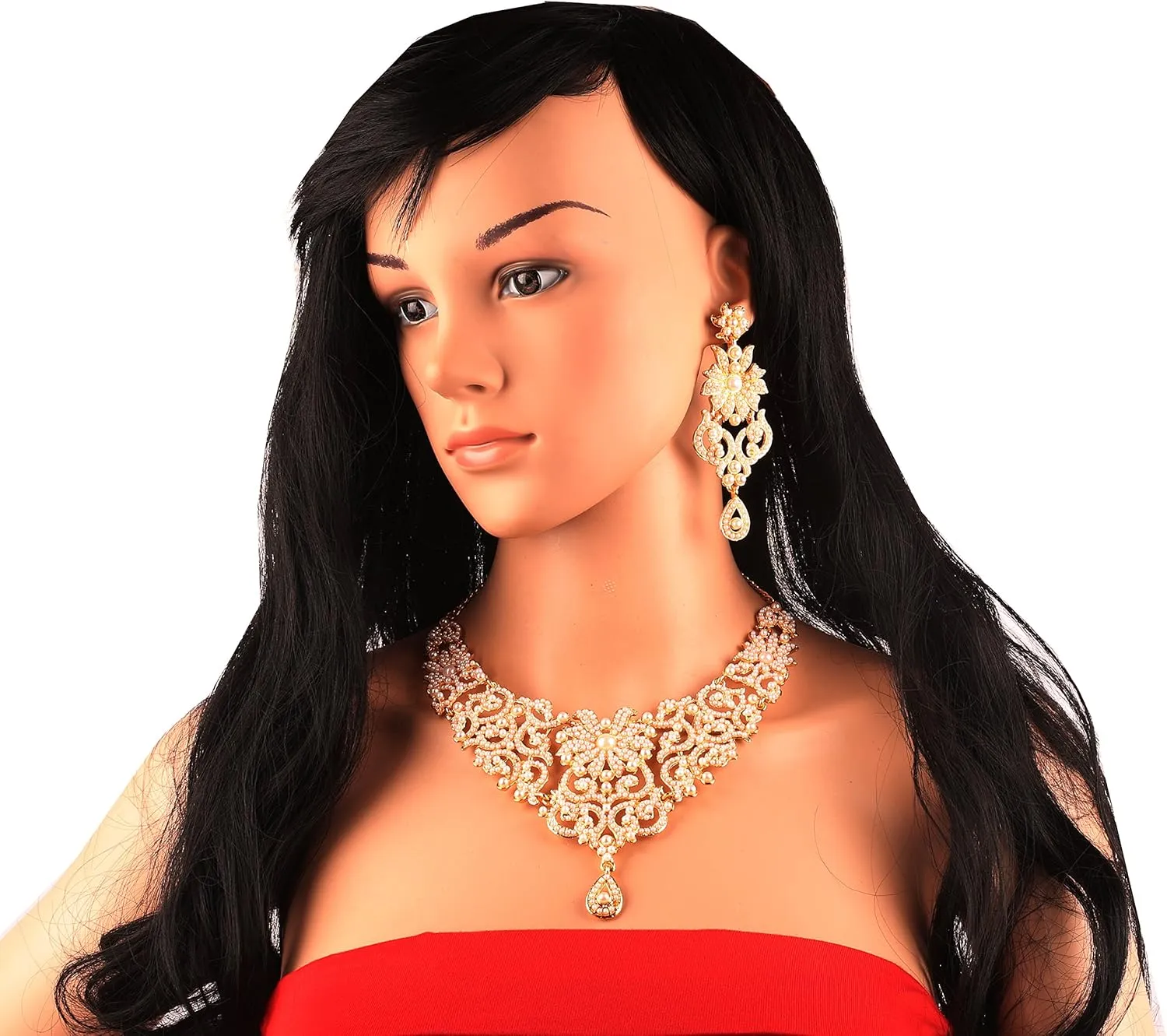 Touchstone Indian Jewelry Sets for Women Bollywood Wedding Bridal Necklace desi Earrings Formal Fancy Rhinestone India Designer Jewellery Punjabi Tikka Set in Antique Gold or Silver or White Tone
