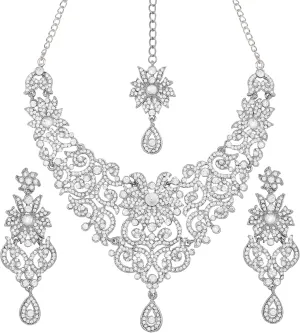 Touchstone Indian Jewelry Sets for Women Bollywood Wedding Bridal Necklace desi Earrings Formal Fancy Rhinestone India Designer Jewellery Punjabi Tikka Set in Antique Gold or Silver or White Tone