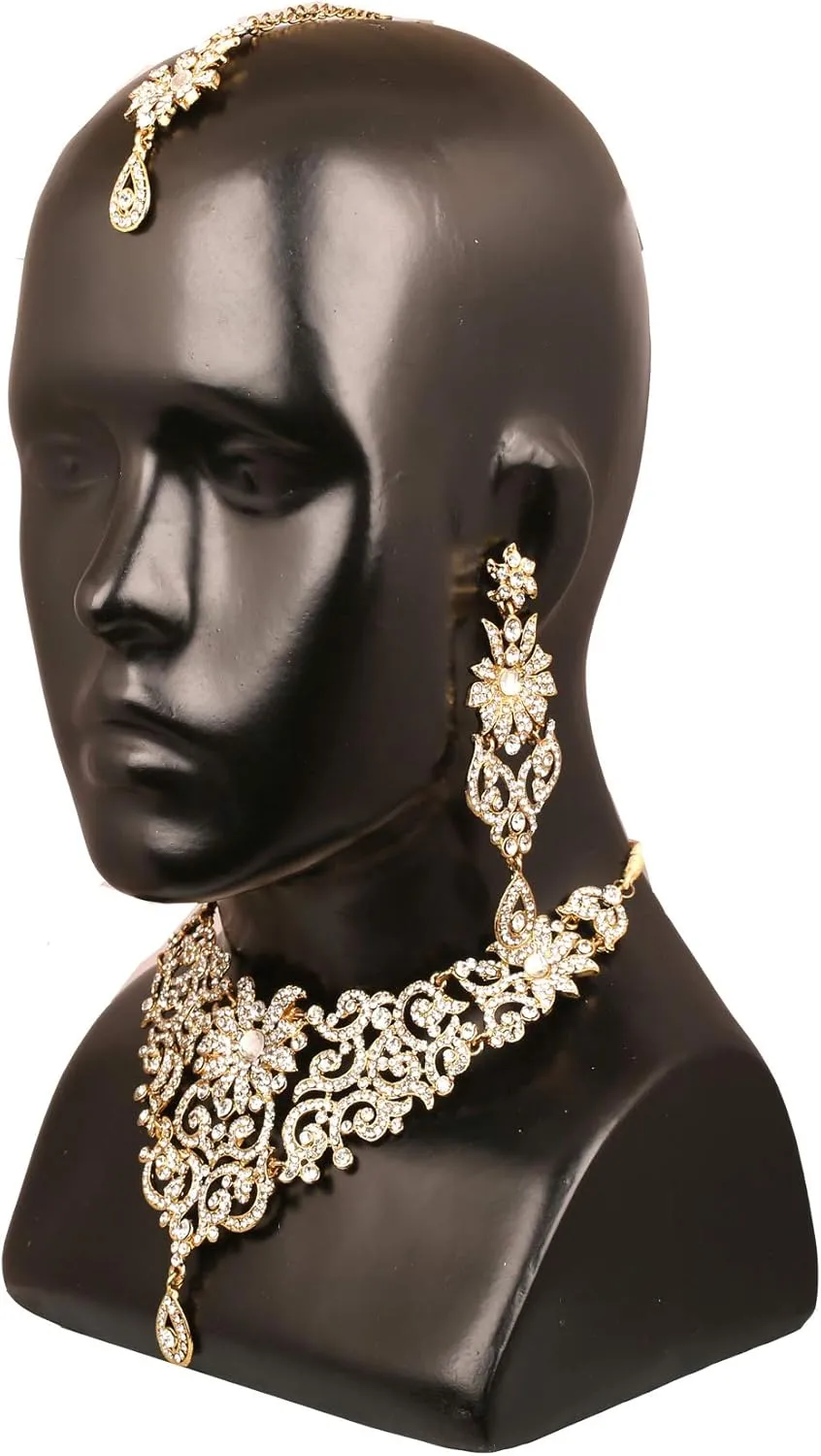 Touchstone Indian Jewelry Sets for Women Bollywood Wedding Bridal Necklace desi Earrings Formal Fancy Rhinestone India Designer Jewellery Punjabi Tikka Set in Antique Gold or Silver or White Tone