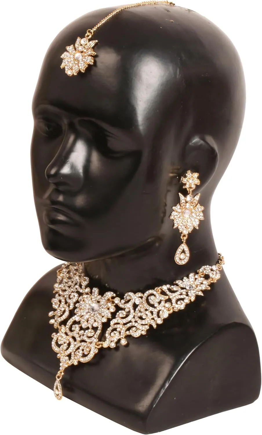 Touchstone Indian Jewelry Sets for Women Bollywood Wedding Bridal Necklace desi Earrings Formal Fancy Rhinestone India Designer Jewellery Punjabi Tikka Set in Antique Gold or Silver or White Tone