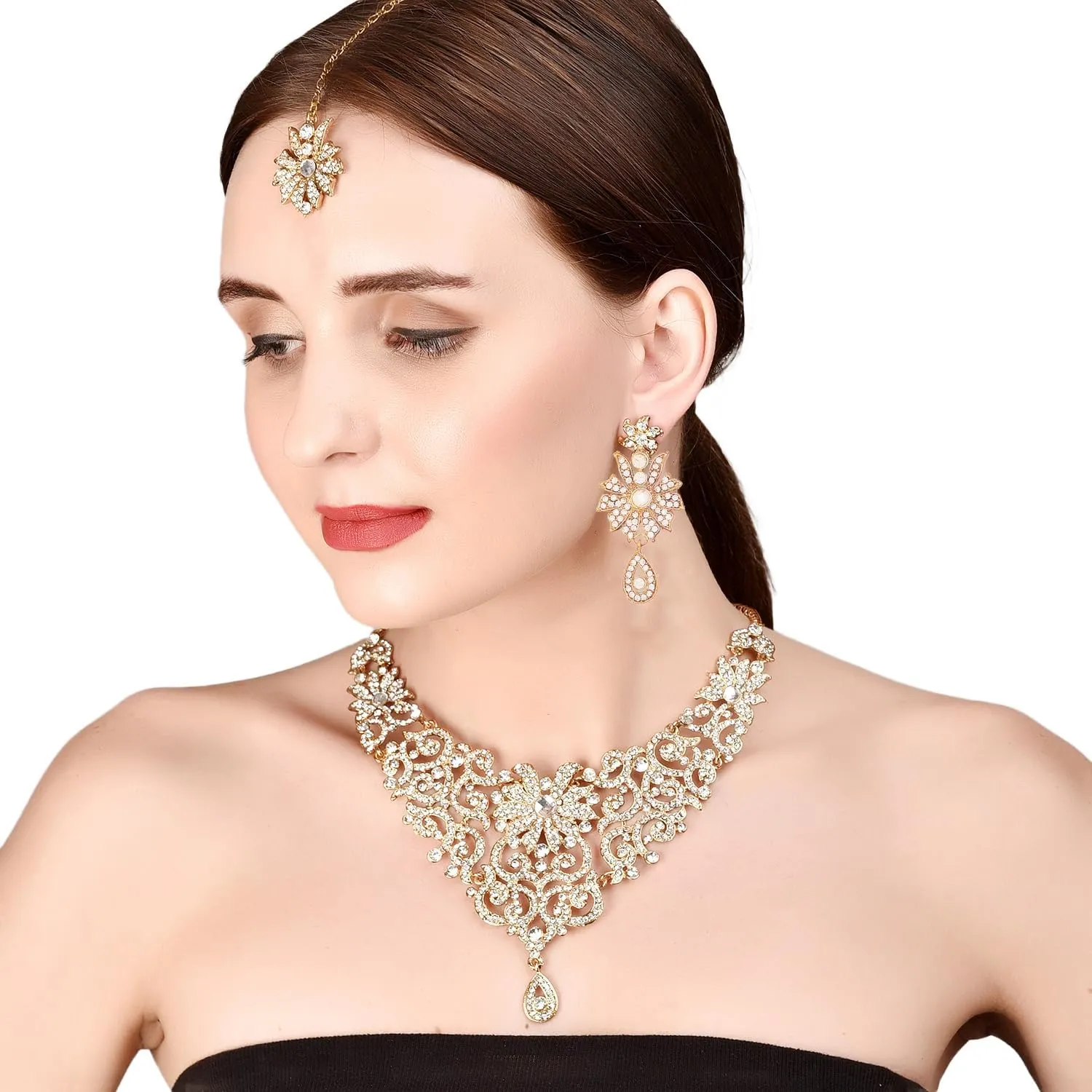 Touchstone Indian Jewelry Sets for Women Bollywood Wedding Bridal Necklace desi Earrings Formal Fancy Rhinestone India Designer Jewellery Punjabi Tikka Set in Antique Gold or Silver or White Tone