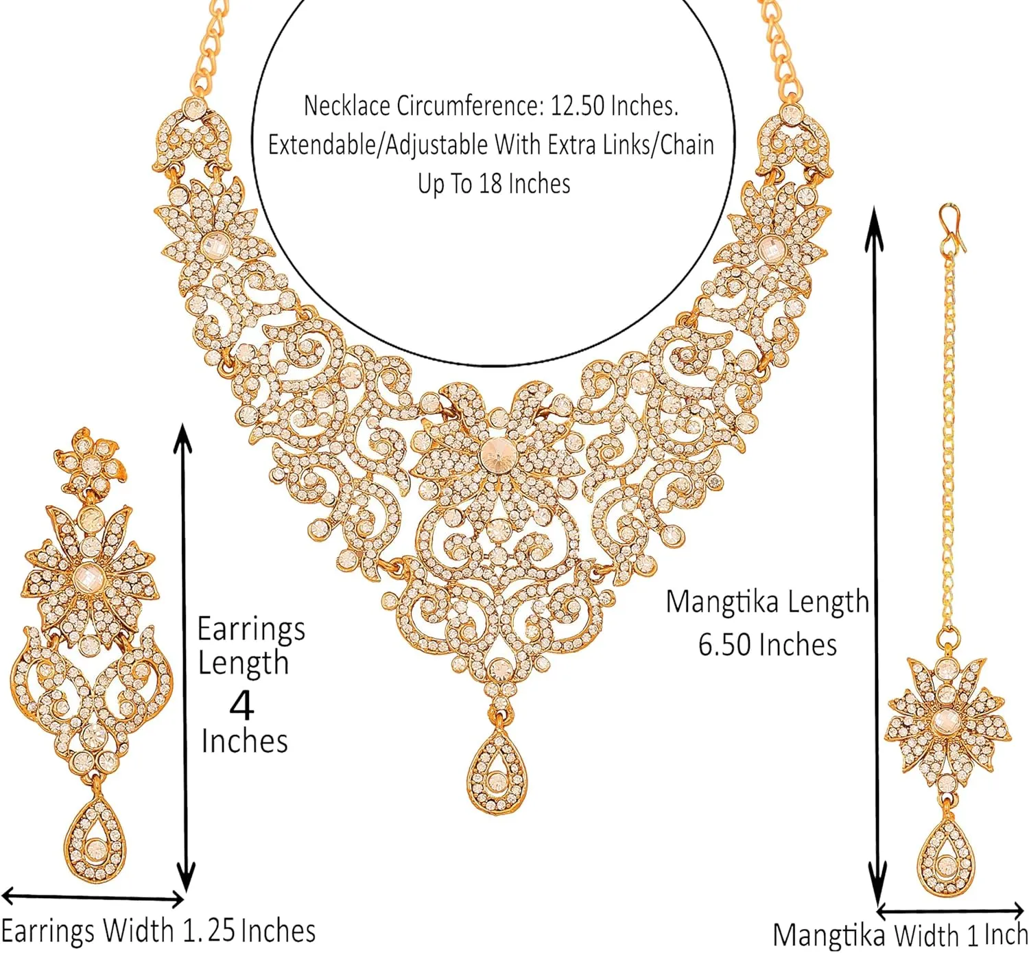 Touchstone Indian Jewelry Sets for Women Bollywood Wedding Bridal Necklace desi Earrings Formal Fancy Rhinestone India Designer Jewellery Punjabi Tikka Set in Antique Gold or Silver or White Tone