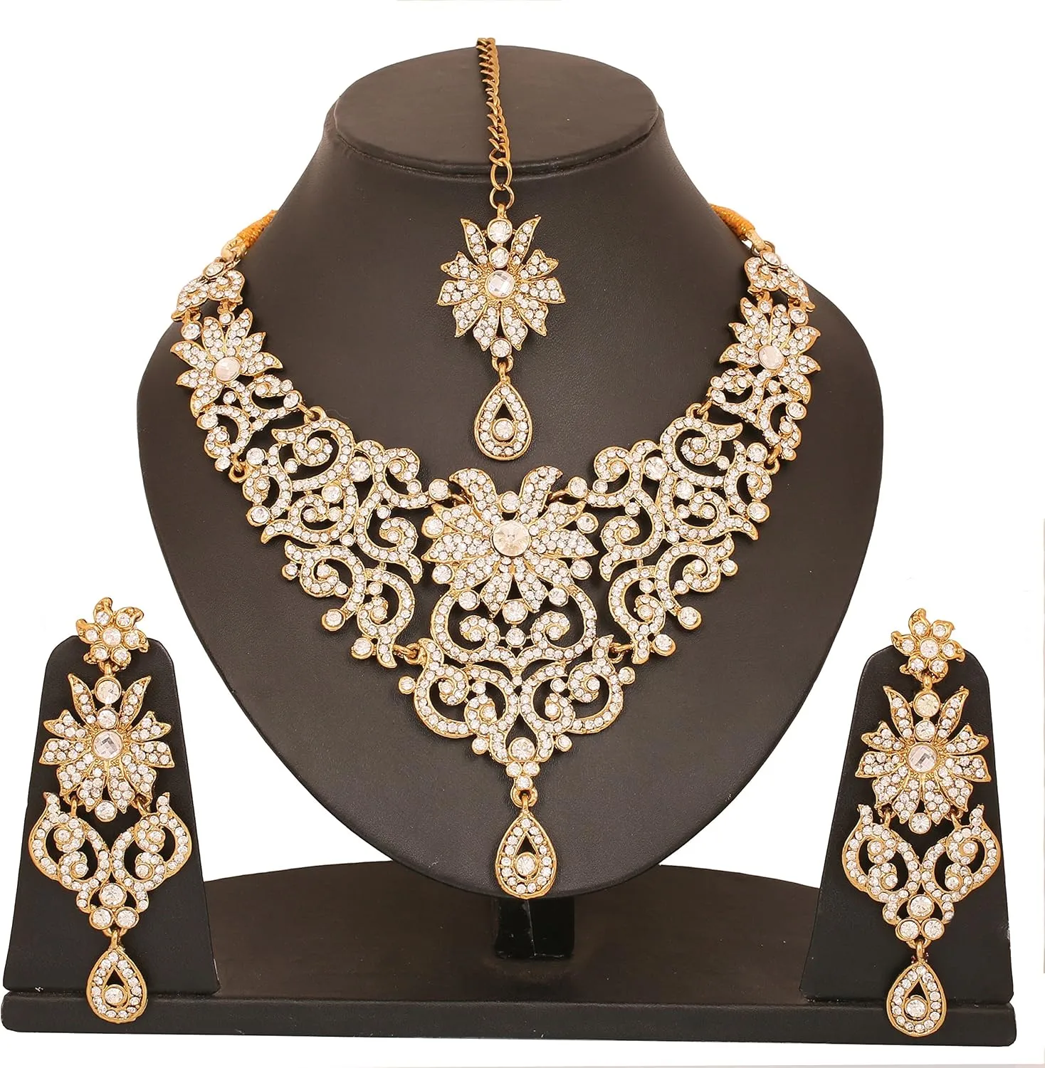 Touchstone Indian Jewelry Sets for Women Bollywood Wedding Bridal Necklace desi Earrings Formal Fancy Rhinestone India Designer Jewellery Punjabi Tikka Set in Antique Gold or Silver or White Tone