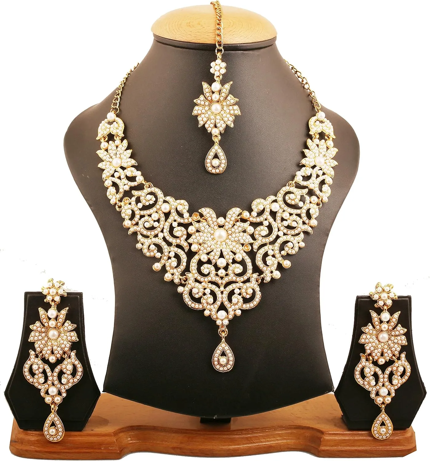 Touchstone Indian Jewelry Sets for Women Bollywood Wedding Bridal Necklace desi Earrings Formal Fancy Rhinestone India Designer Jewellery Punjabi Tikka Set in Antique Gold or Silver or White Tone