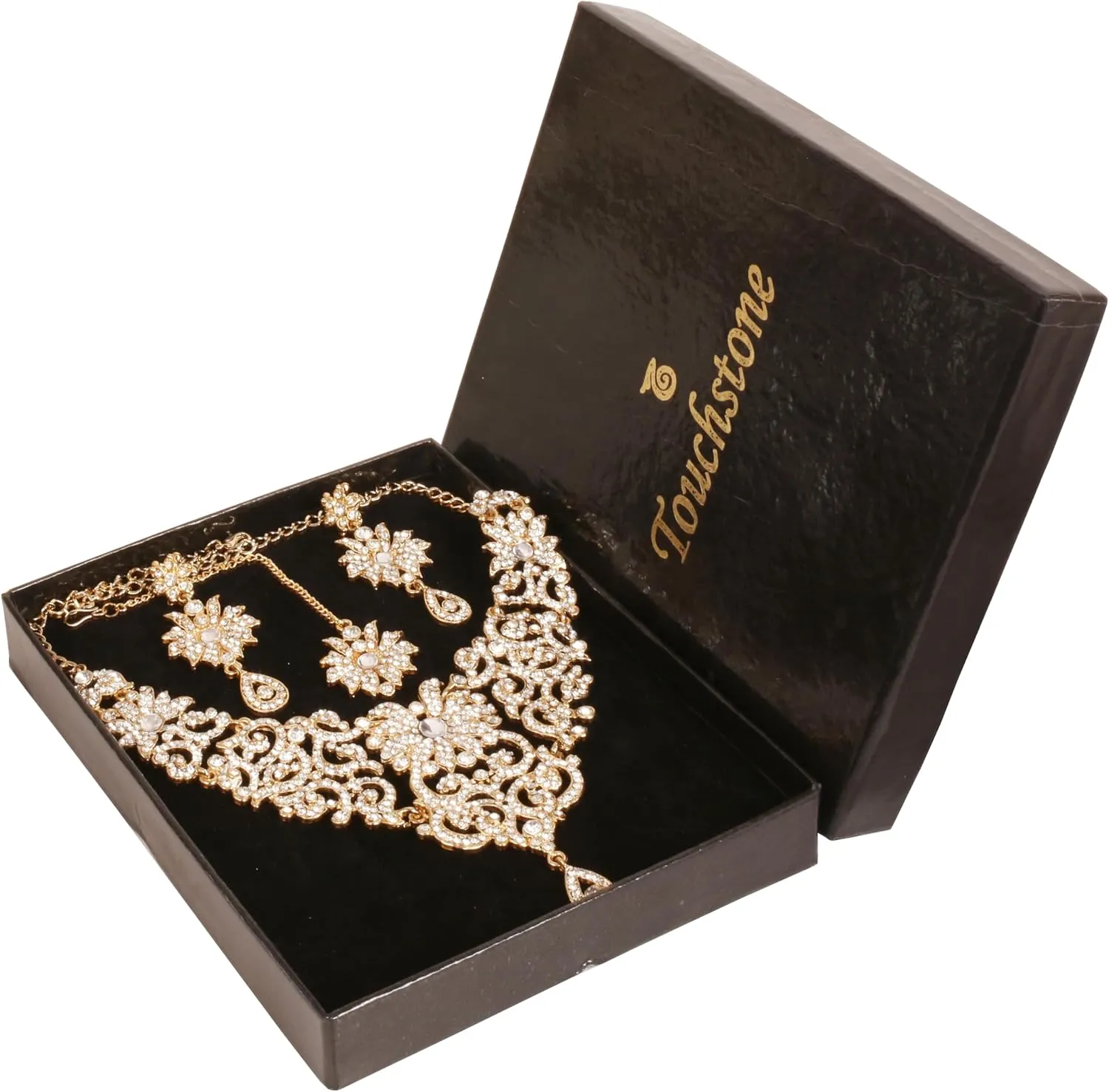 Touchstone Indian Jewelry Sets for Women Bollywood Wedding Bridal Necklace desi Earrings Formal Fancy Rhinestone India Designer Jewellery Punjabi Tikka Set in Antique Gold or Silver or White Tone