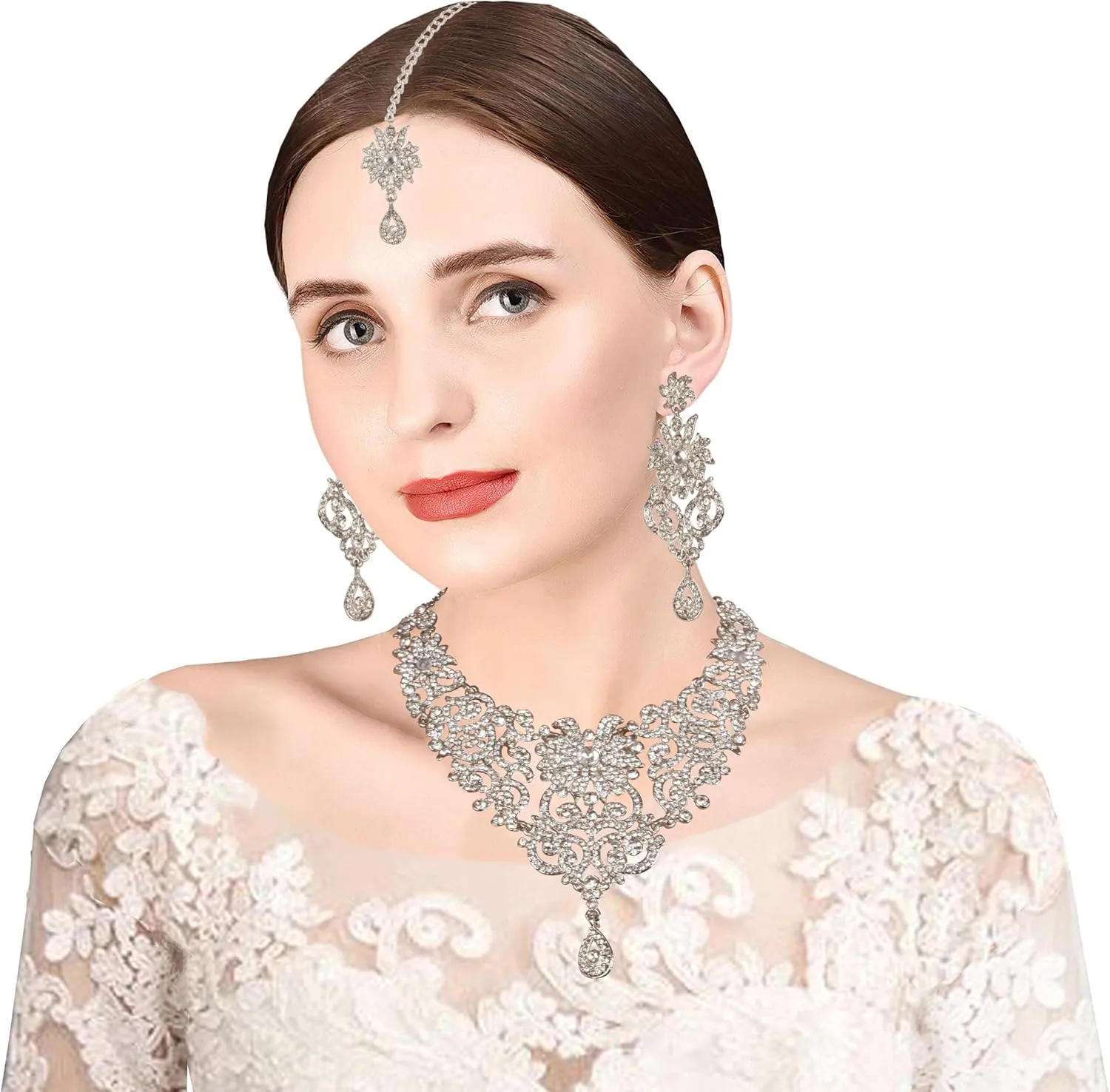 Touchstone Indian Jewelry Sets for Women Bollywood Wedding Bridal Necklace desi Earrings Formal Fancy Rhinestone India Designer Jewellery Punjabi Tikka Set in Antique Gold or Silver or White Tone