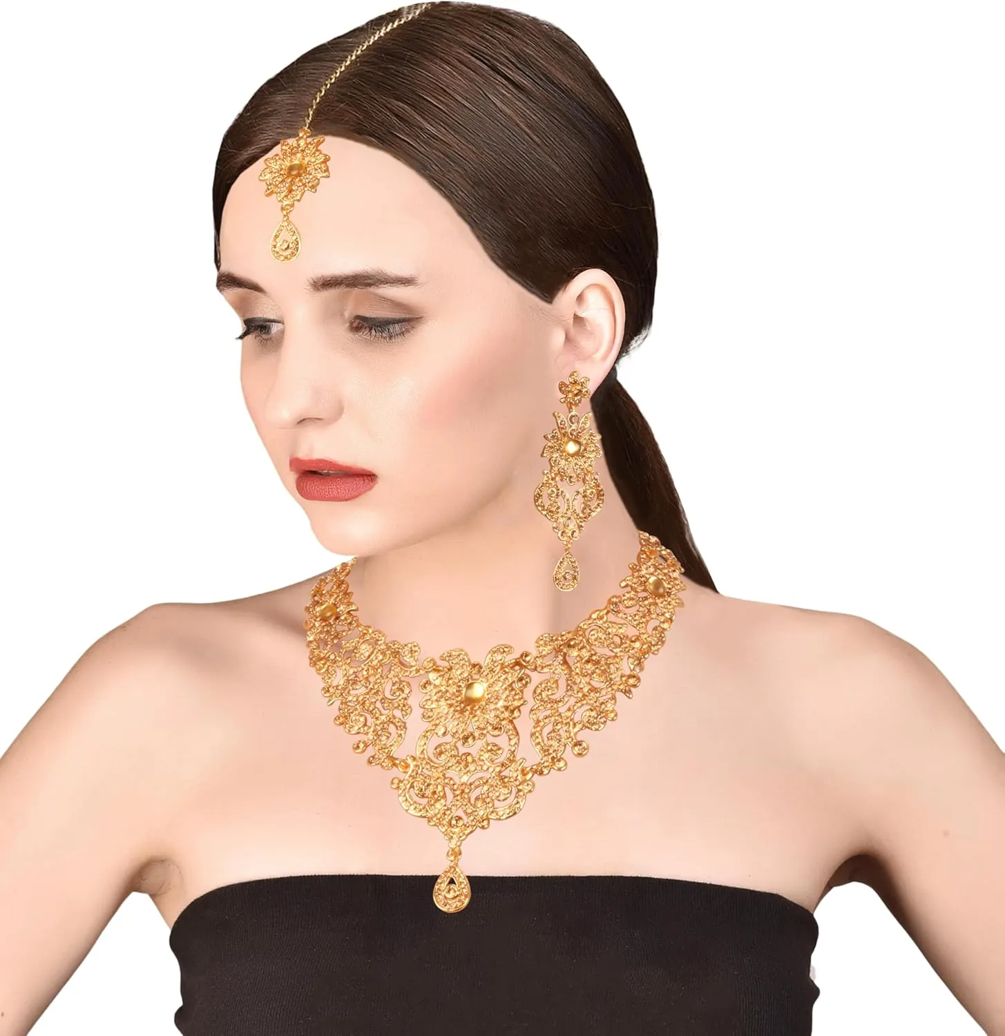 Touchstone Indian Jewelry Sets for Women Bollywood Wedding Bridal Necklace desi Earrings Formal Fancy Rhinestone India Designer Jewellery Punjabi Tikka Set in Antique Gold or Silver or White Tone