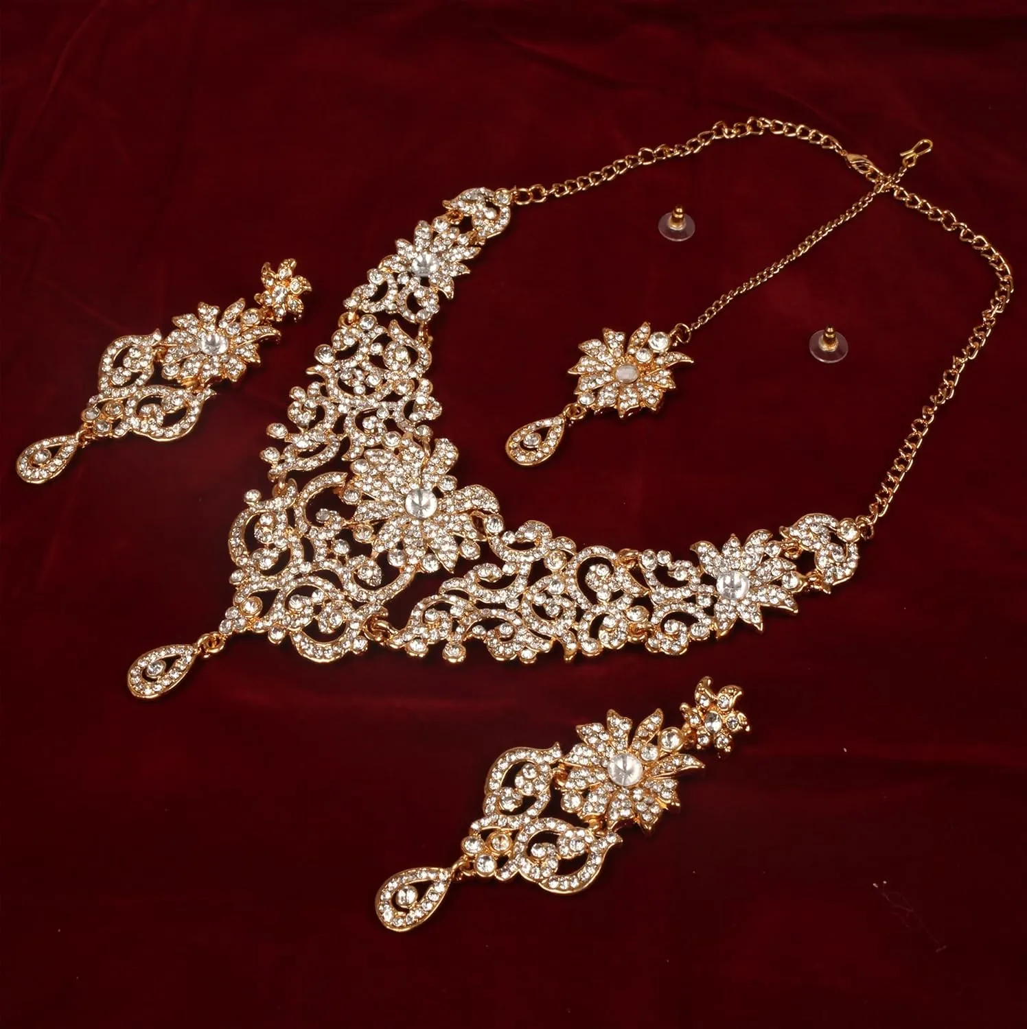 Touchstone Indian Jewelry Sets for Women Bollywood Wedding Bridal Necklace desi Earrings Formal Fancy Rhinestone India Designer Jewellery Punjabi Tikka Set in Antique Gold or Silver or White Tone