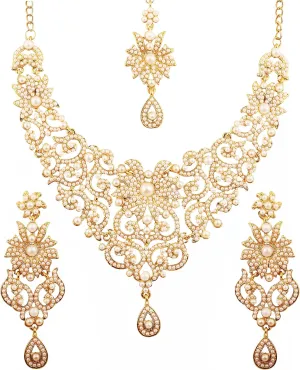 Touchstone Indian Jewelry Sets for Women Bollywood Wedding Bridal Necklace desi Earrings Formal Fancy Rhinestone India Designer Jewellery Punjabi Tikka Set in Antique Gold or Silver or White Tone