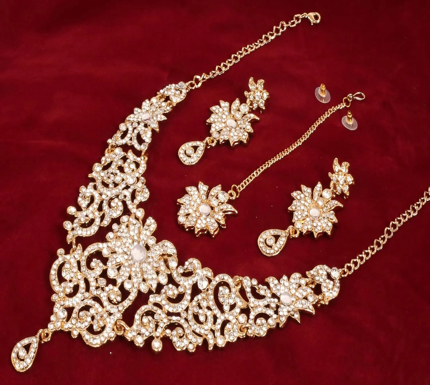 Touchstone Indian Jewelry Sets for Women Bollywood Wedding Bridal Necklace desi Earrings Formal Fancy Rhinestone India Designer Jewellery Punjabi Tikka Set in Antique Gold or Silver or White Tone