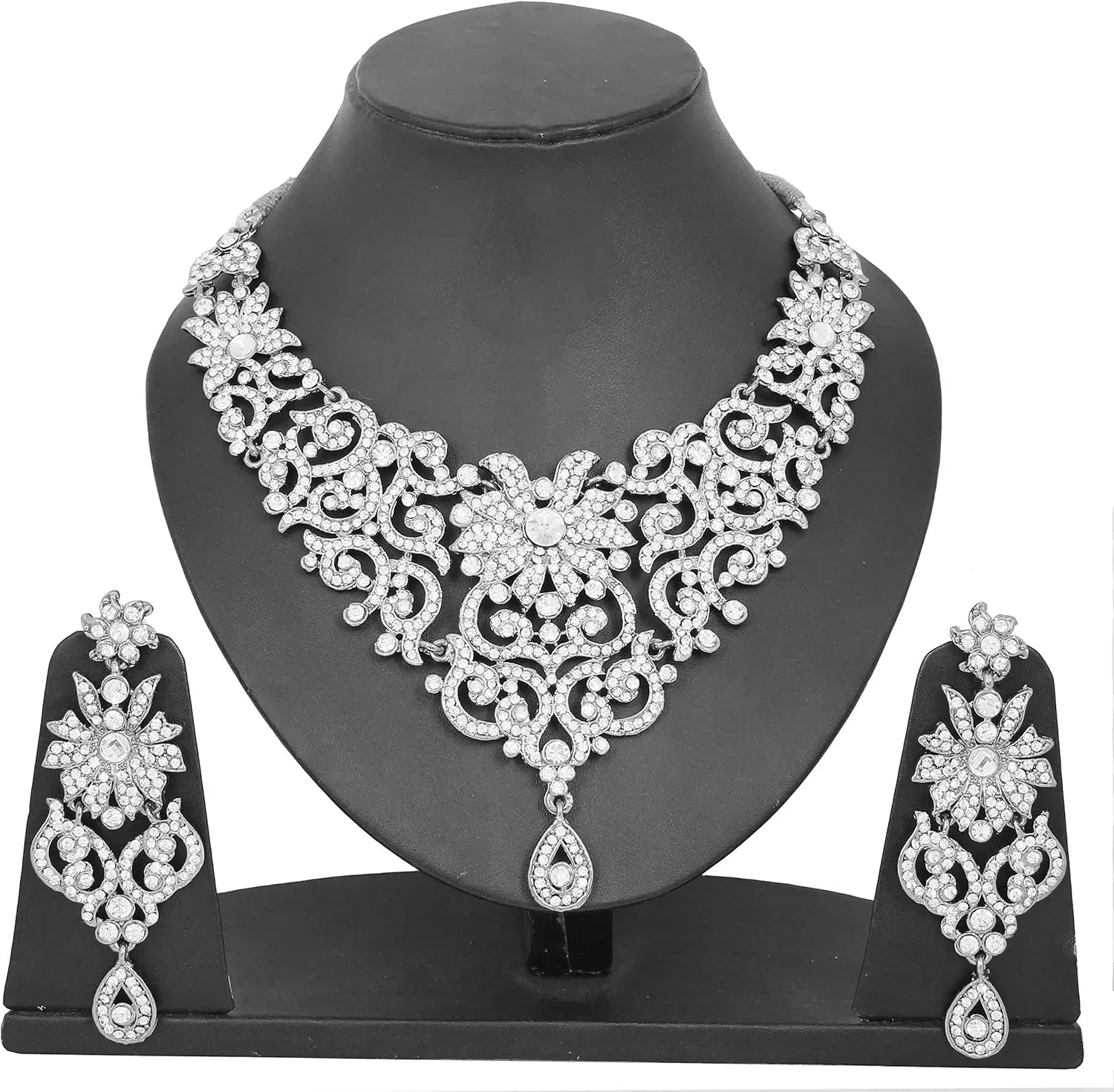 Touchstone Indian Jewelry Sets for Women Bollywood Wedding Bridal Necklace desi Earrings Formal Fancy Rhinestone India Designer Jewellery Punjabi Tikka Set in Antique Gold or Silver or White Tone