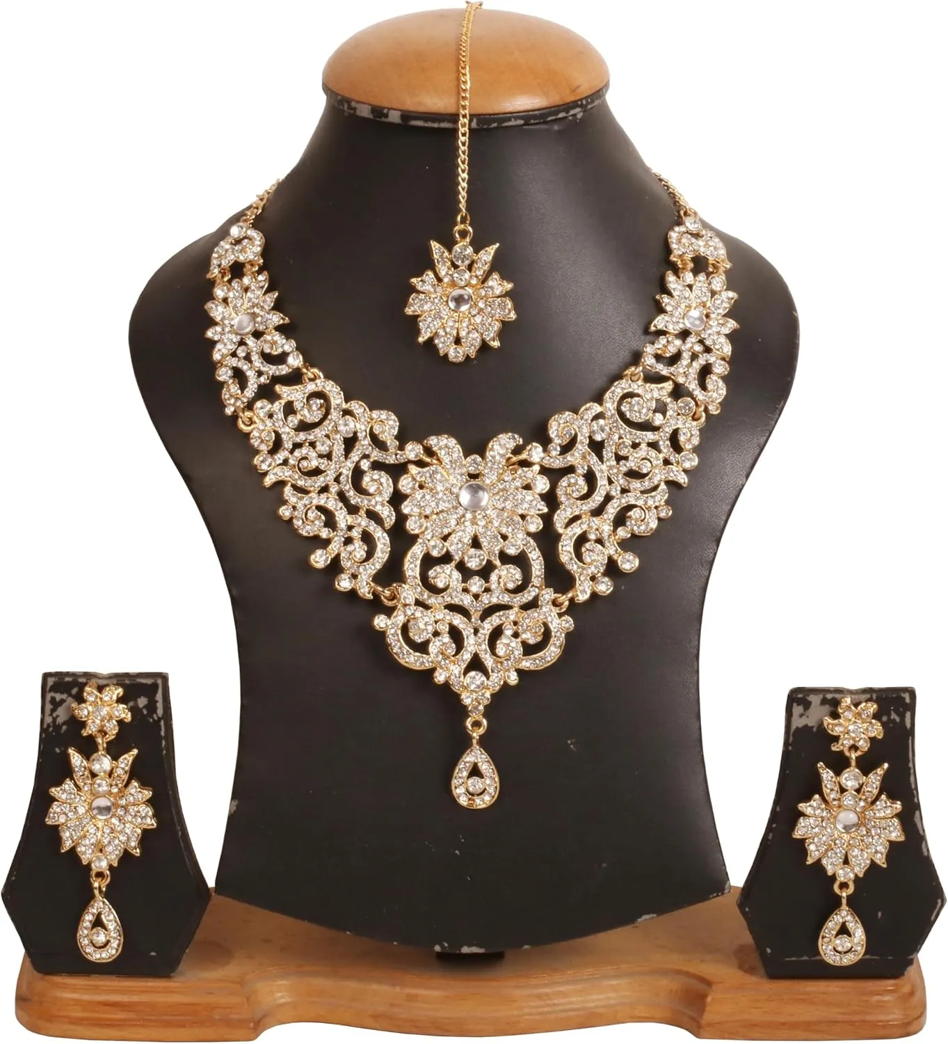 Touchstone Indian Jewelry Sets for Women Bollywood Wedding Bridal Necklace desi Earrings Formal Fancy Rhinestone India Designer Jewellery Punjabi Tikka Set in Antique Gold or Silver or White Tone