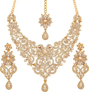 Touchstone Indian Jewelry Sets for Women Bollywood Wedding Bridal Necklace desi Earrings Formal Fancy Rhinestone India Designer Jewellery Punjabi Tikka Set in Antique Gold or Silver or White Tone