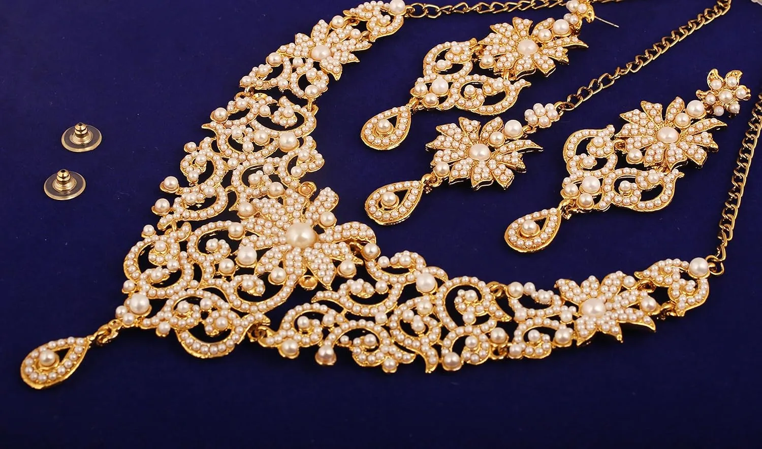 Touchstone Indian Jewelry Sets for Women Bollywood Wedding Bridal Necklace desi Earrings Formal Fancy Rhinestone India Designer Jewellery Punjabi Tikka Set in Antique Gold or Silver or White Tone