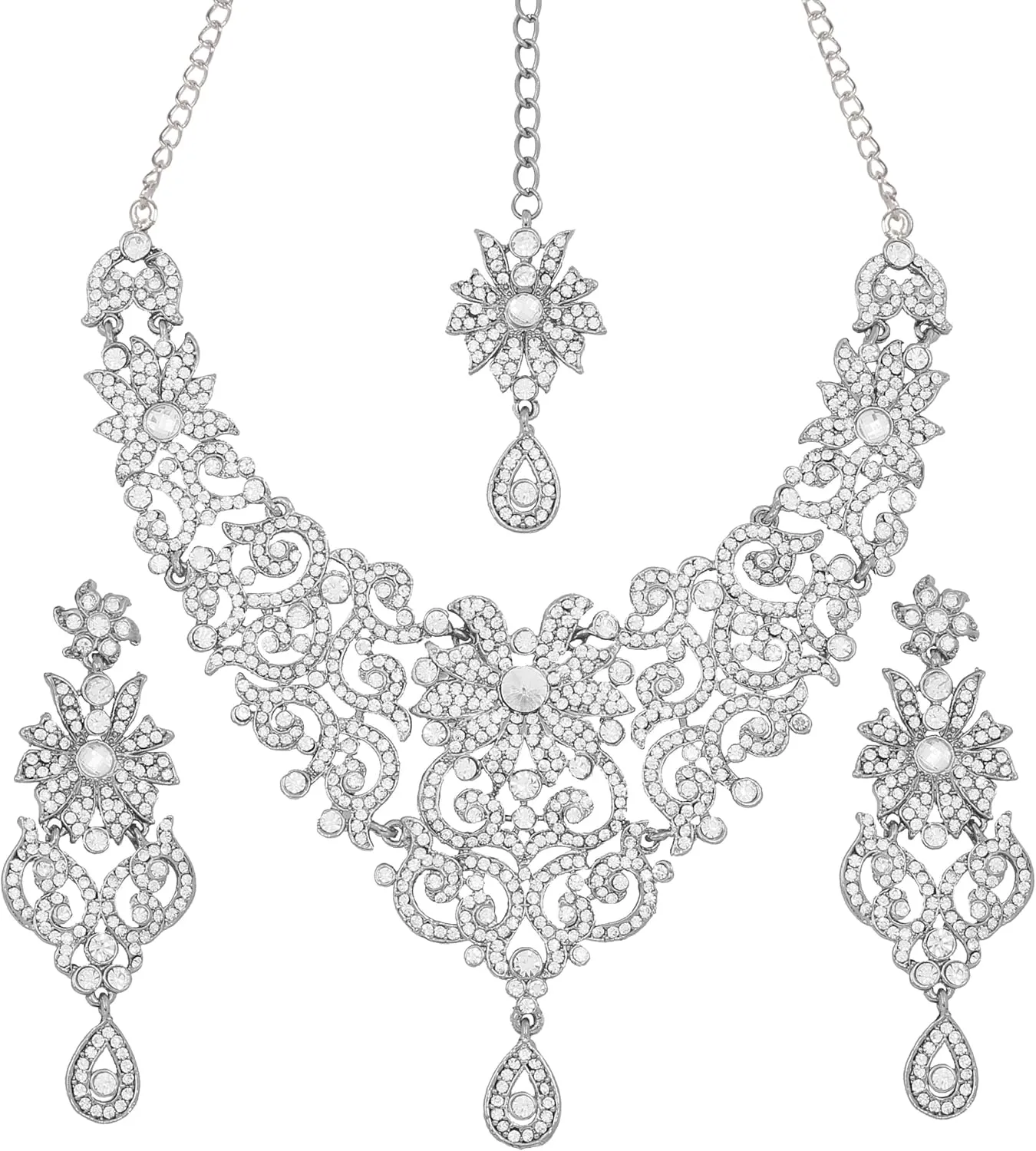 Touchstone Indian Jewelry Sets for Women Bollywood Wedding Bridal Necklace desi Earrings Formal Fancy Rhinestone India Designer Jewellery Punjabi Tikka Set in Antique Gold or Silver or White Tone