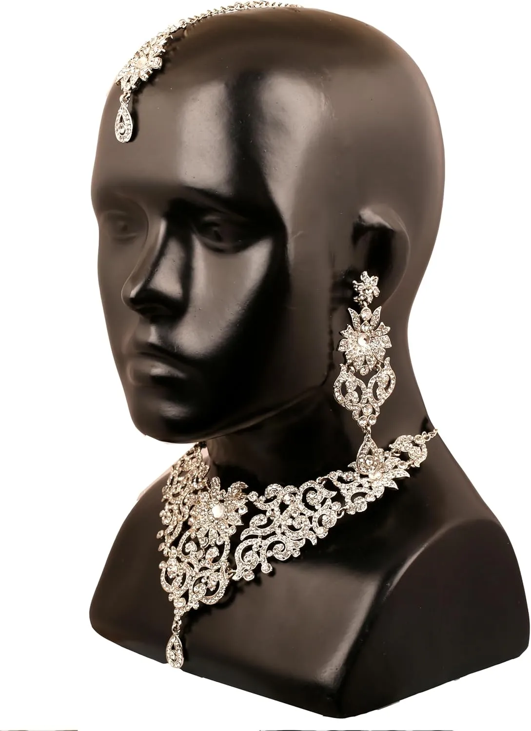 Touchstone Indian Jewelry Sets for Women Bollywood Wedding Bridal Necklace desi Earrings Formal Fancy Rhinestone India Designer Jewellery Punjabi Tikka Set in Antique Gold or Silver or White Tone