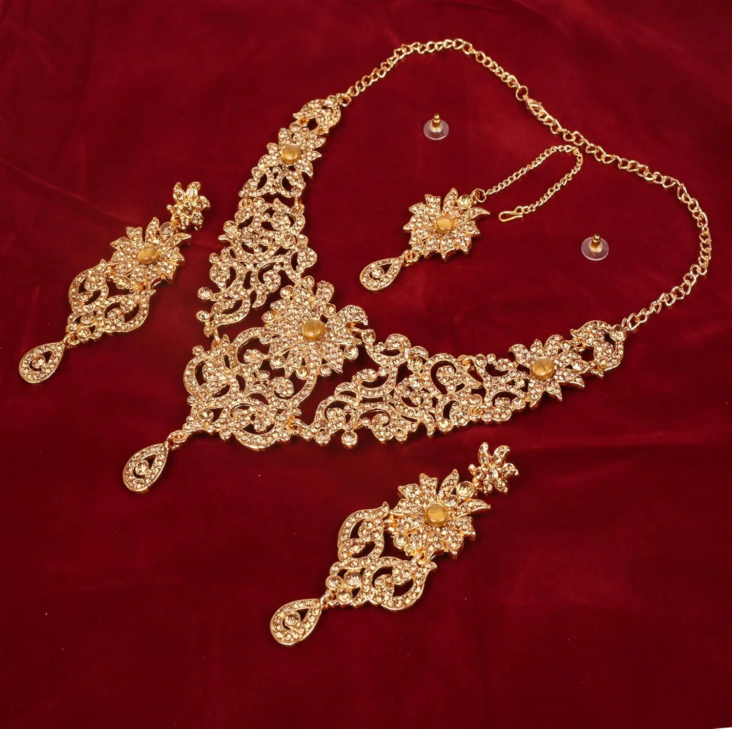Touchstone Indian Jewelry Sets for Women Bollywood Wedding Bridal Necklace desi Earrings Formal Fancy Rhinestone India Designer Jewellery Punjabi Tikka Set in Antique Gold or Silver or White Tone