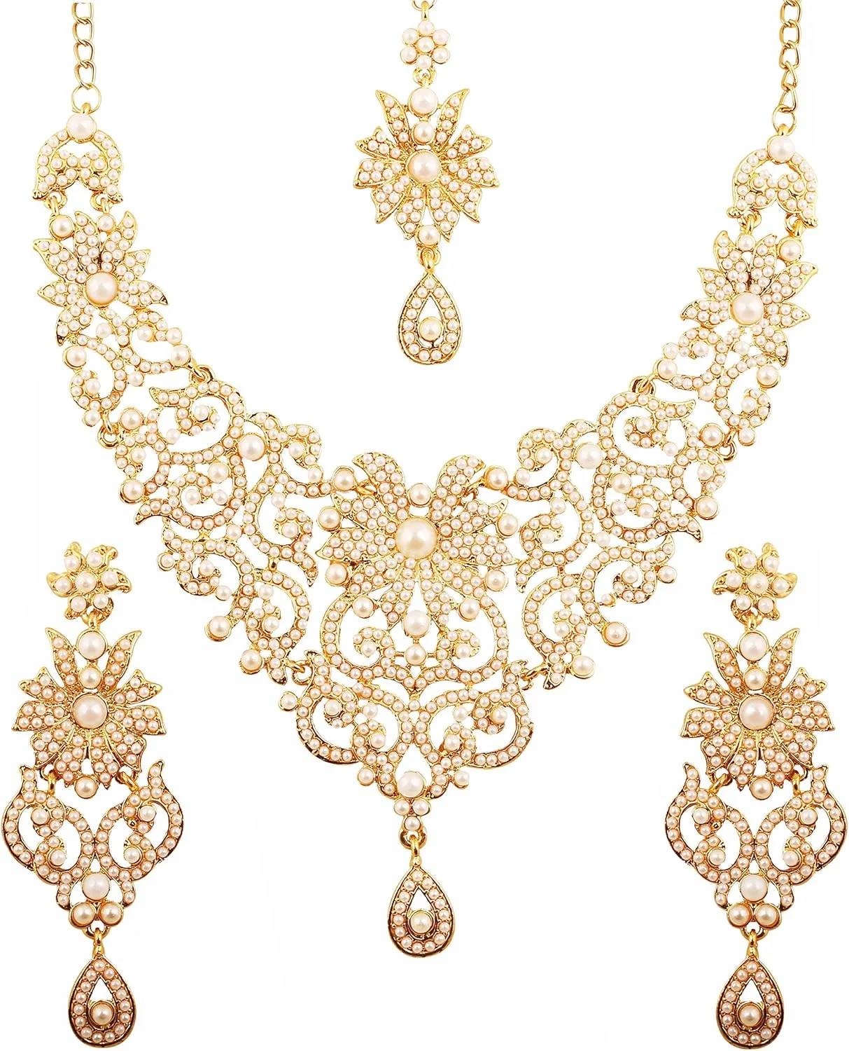 Touchstone Indian Jewelry Sets for Women Bollywood Wedding Bridal Necklace desi Earrings Formal Fancy Rhinestone India Designer Jewellery Punjabi Tikka Set in Antique Gold or Silver or White Tone