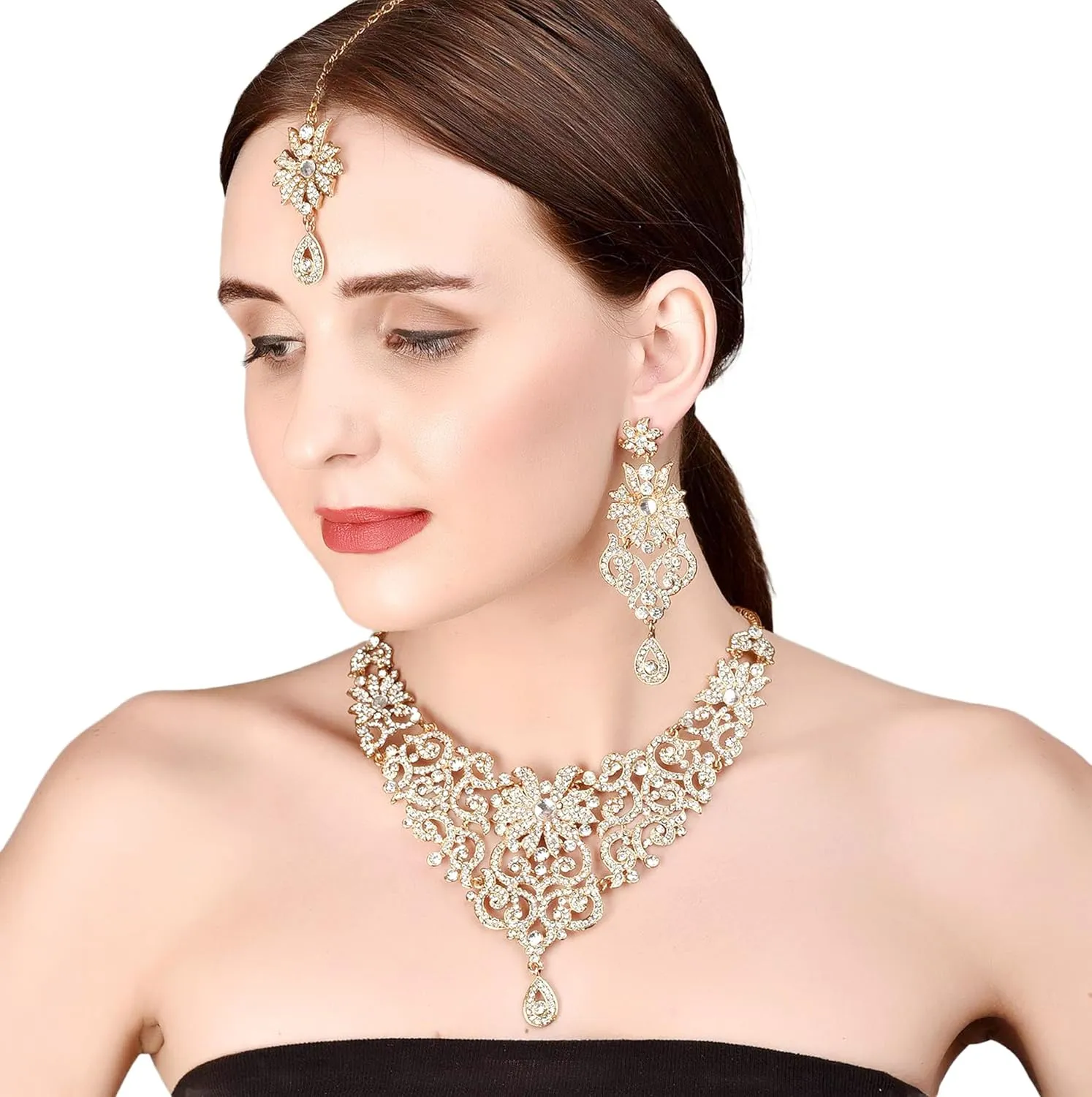 Touchstone Indian Jewelry Sets for Women Bollywood Wedding Bridal Necklace desi Earrings Formal Fancy Rhinestone India Designer Jewellery Punjabi Tikka Set in Antique Gold or Silver or White Tone