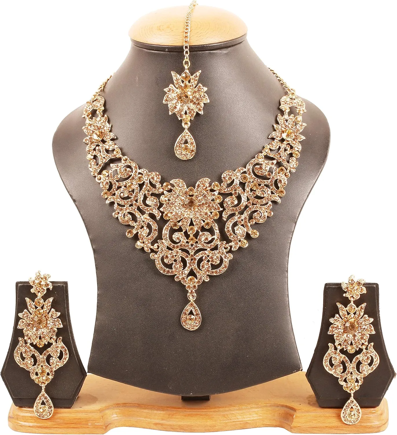 Touchstone Indian Jewelry Sets for Women Bollywood Wedding Bridal Necklace desi Earrings Formal Fancy Rhinestone India Designer Jewellery Punjabi Tikka Set in Antique Gold or Silver or White Tone