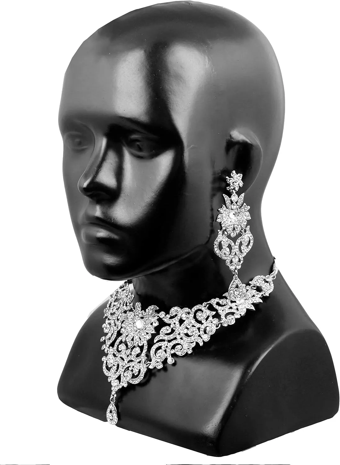 Touchstone Indian Jewelry Sets for Women Bollywood Wedding Bridal Necklace desi Earrings Formal Fancy Rhinestone India Designer Jewellery Punjabi Tikka Set in Antique Gold or Silver or White Tone