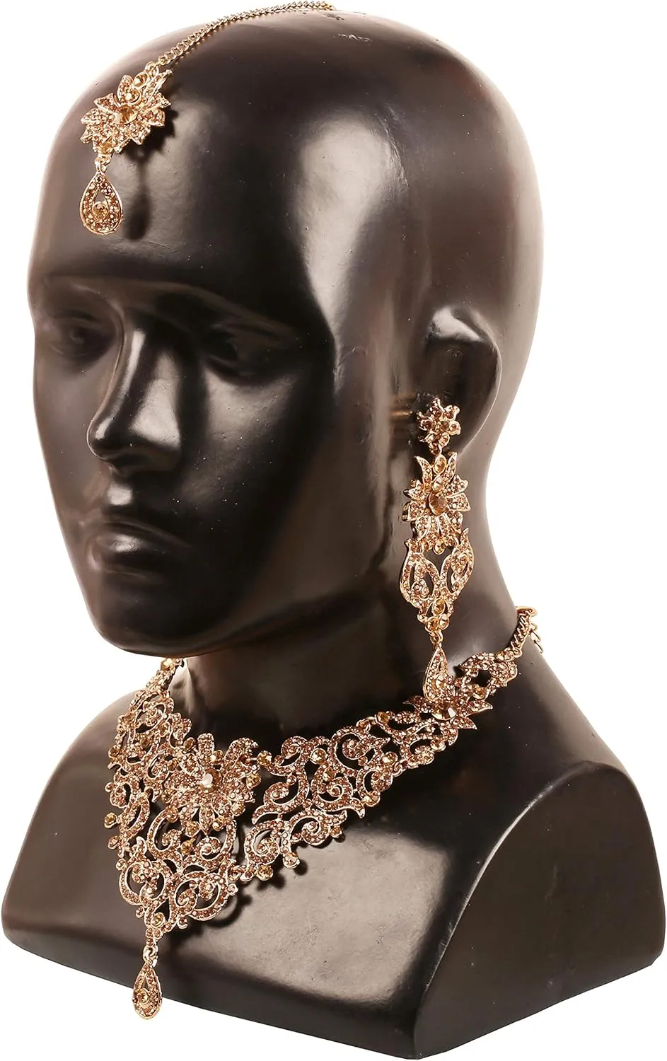 Touchstone Indian Jewelry Sets for Women Bollywood Wedding Bridal Necklace desi Earrings Formal Fancy Rhinestone India Designer Jewellery Punjabi Tikka Set in Antique Gold or Silver or White Tone