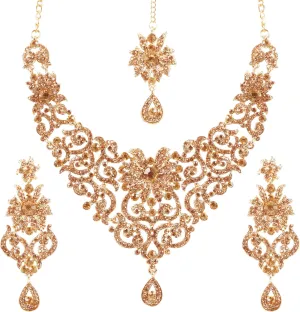 Touchstone Indian Jewelry Sets for Women Bollywood Wedding Bridal Necklace desi Earrings Formal Fancy Rhinestone India Designer Jewellery Punjabi Tikka Set in Antique Gold or Silver or White Tone