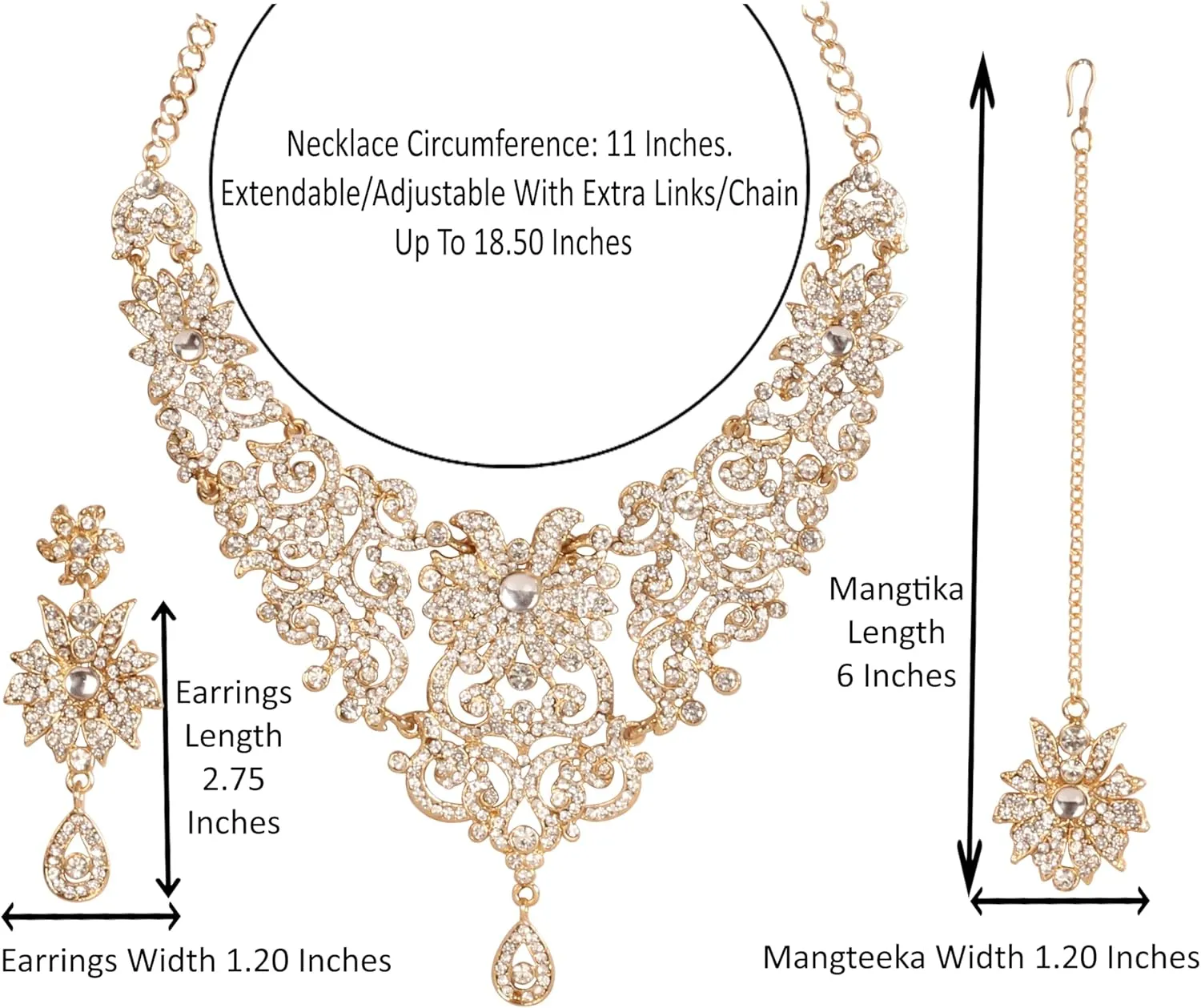 Touchstone Indian Jewelry Sets for Women Bollywood Wedding Bridal Necklace desi Earrings Formal Fancy Rhinestone India Designer Jewellery Punjabi Tikka Set in Antique Gold or Silver or White Tone