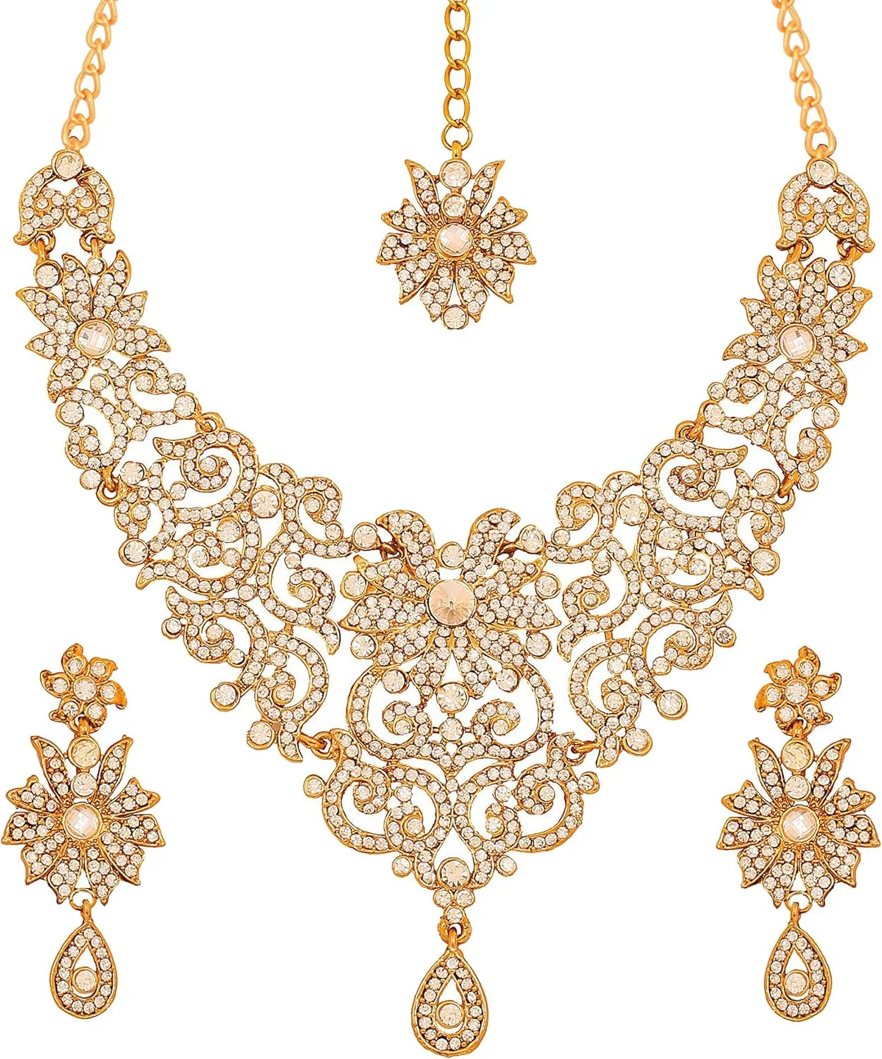 Touchstone Indian Jewelry Sets for Women Bollywood Wedding Bridal Necklace desi Earrings Formal Fancy Rhinestone India Designer Jewellery Punjabi Tikka Set in Antique Gold or Silver or White Tone