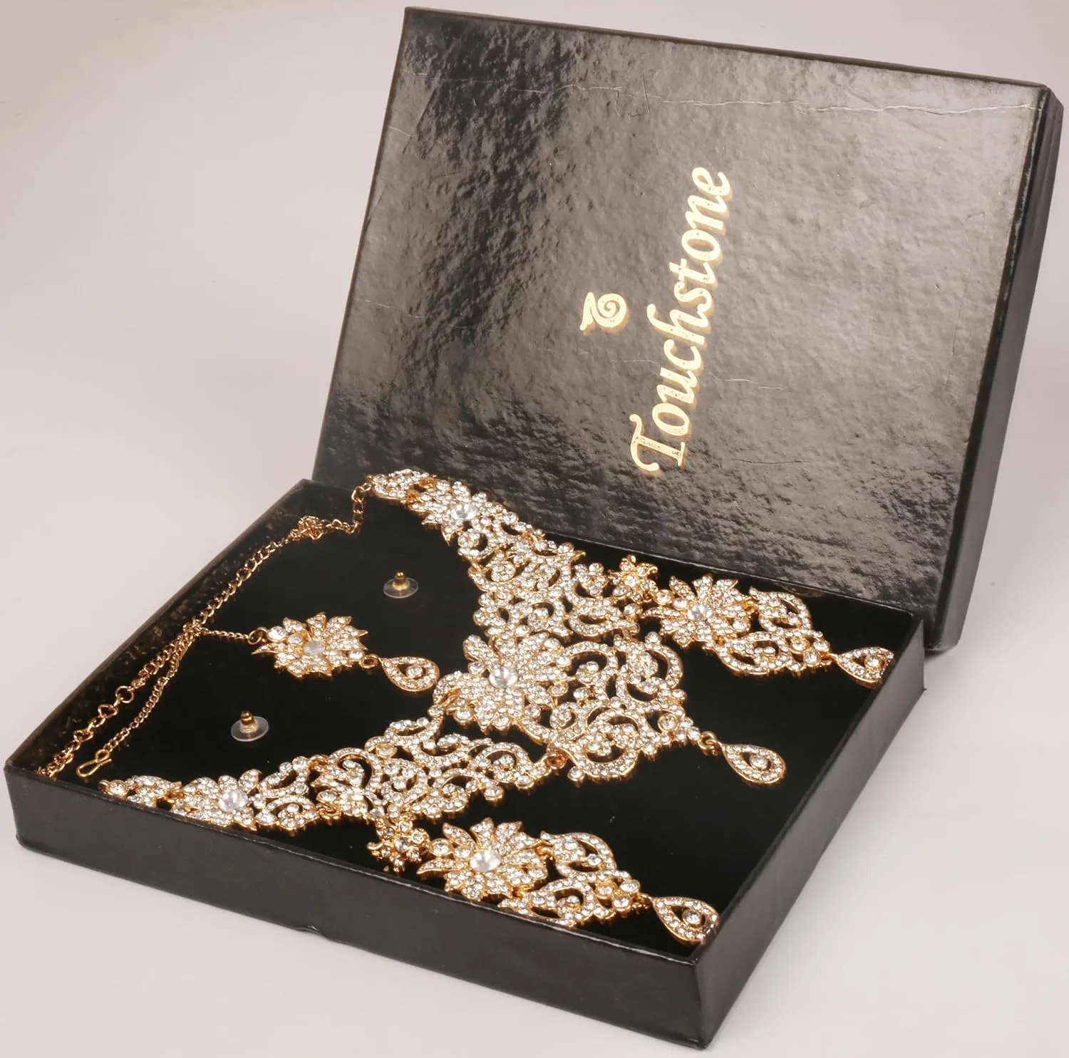 Touchstone Indian Jewelry Sets for Women Bollywood Wedding Bridal Necklace desi Earrings Formal Fancy Rhinestone India Designer Jewellery Punjabi Tikka Set in Antique Gold or Silver or White Tone