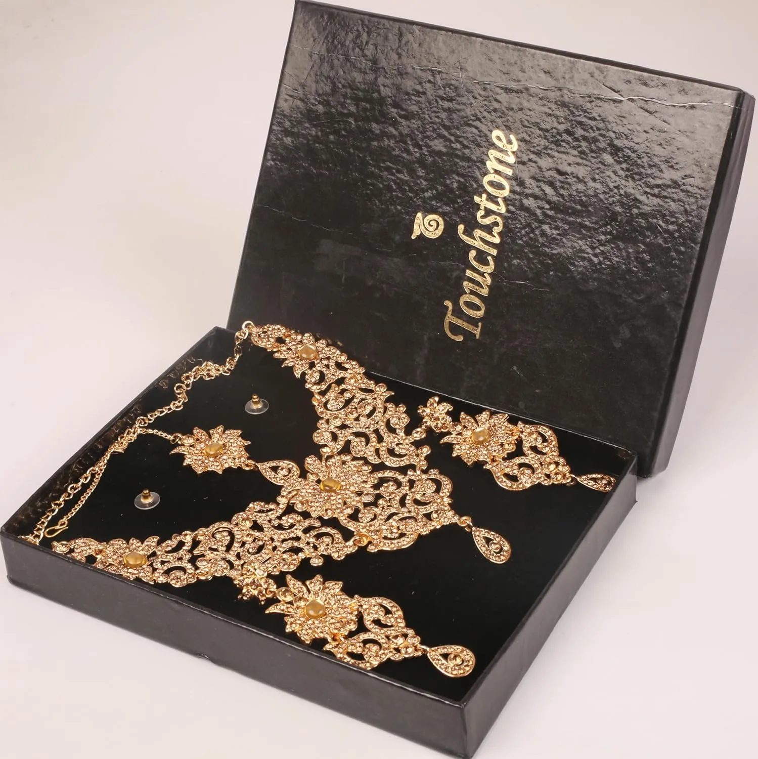 Touchstone Indian Jewelry Sets for Women Bollywood Wedding Bridal Necklace desi Earrings Formal Fancy Rhinestone India Designer Jewellery Punjabi Tikka Set in Antique Gold or Silver or White Tone