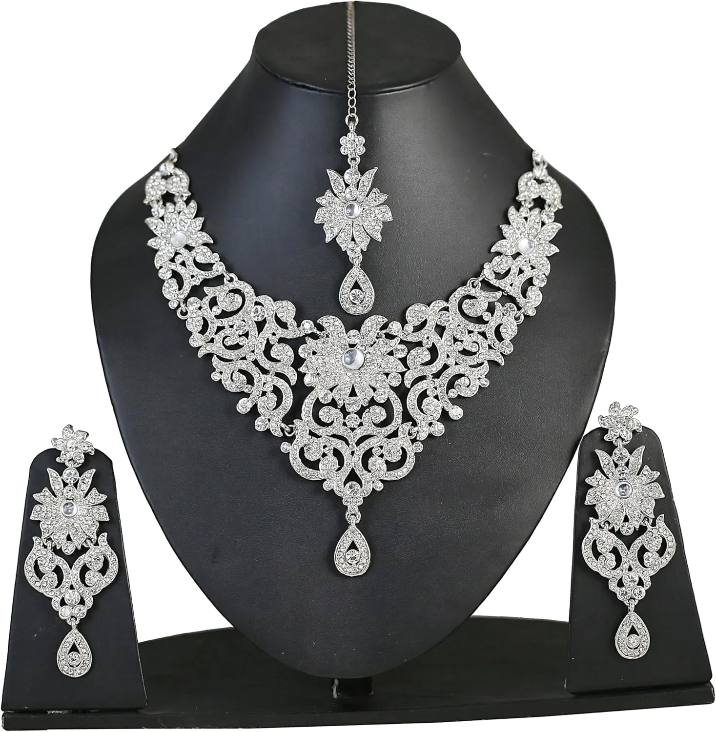 Touchstone Indian Jewelry Sets for Women Bollywood Wedding Bridal Necklace desi Earrings Formal Fancy Rhinestone India Designer Jewellery Punjabi Tikka Set in Antique Gold or Silver or White Tone