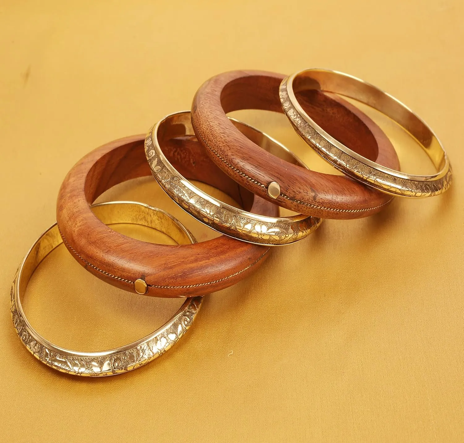 Touchstone Indian Masterly Handcrafted Hand Peeled Embedded Work Natural Crafted Wood And Brass Fine Workmanship Designer Jewelry Bracelets Bangle Set For Women.