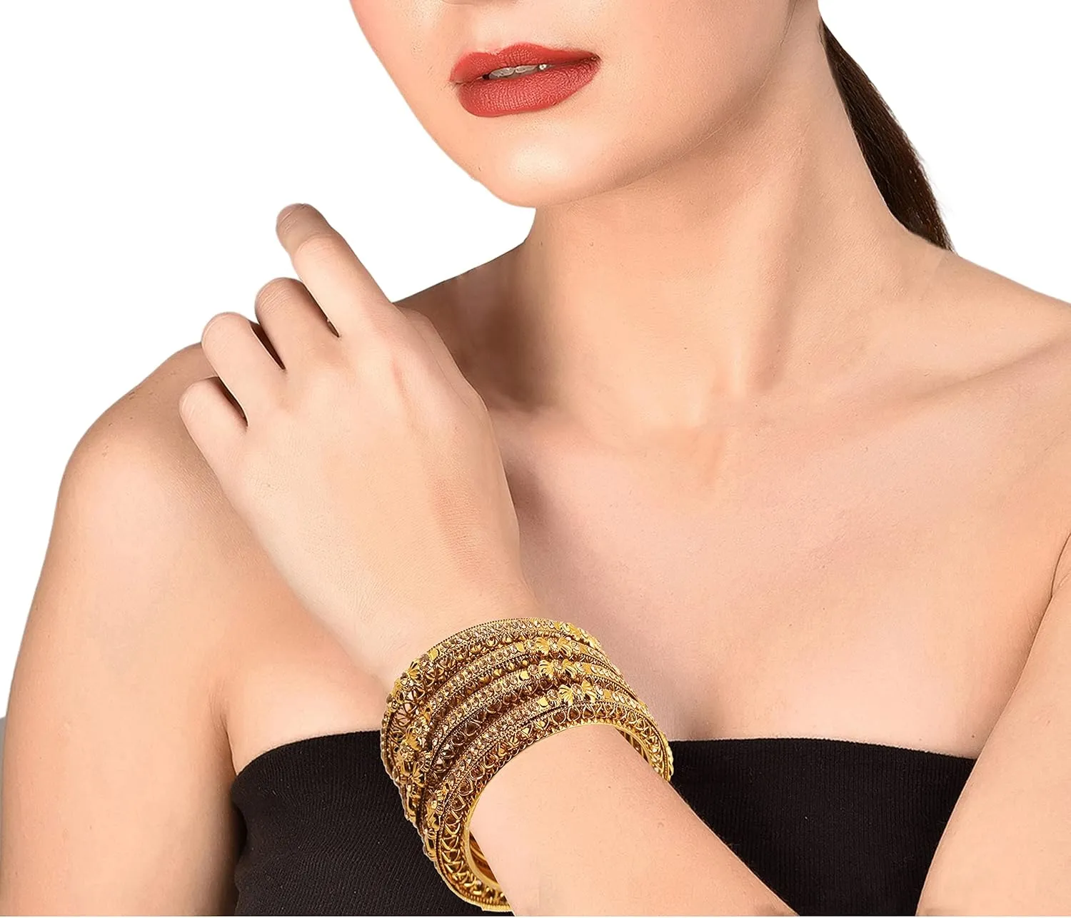 Touchstone "Golden Bangle Collection Ethnic Style Filigree Work Rhinestone Indian Bollywood Designer Jewelry Metal Bangle Bracelets in Antique Gold Tone for Women. Set of 4.