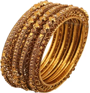 Touchstone "Golden Bangle Collection Ethnic Style Filigree Work Rhinestone Indian Bollywood Designer Jewelry Metal Bangle Bracelets in Antique Gold Tone for Women. Set of 4.