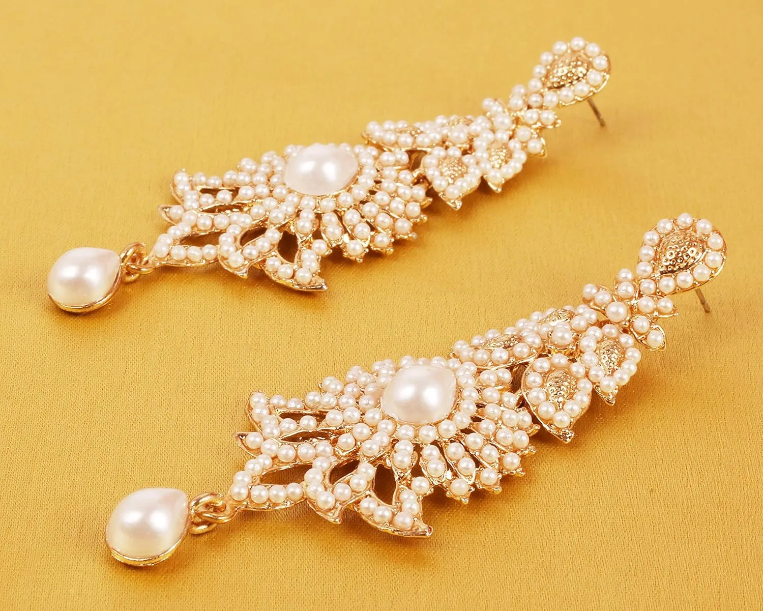 Touchstone "Hollywood Glamour Oscar Collection" Extra Long Chandelier Earrings Indian Paisley Motif Designer Bridal Jewelry In Antique Gold or White Tone for Women.