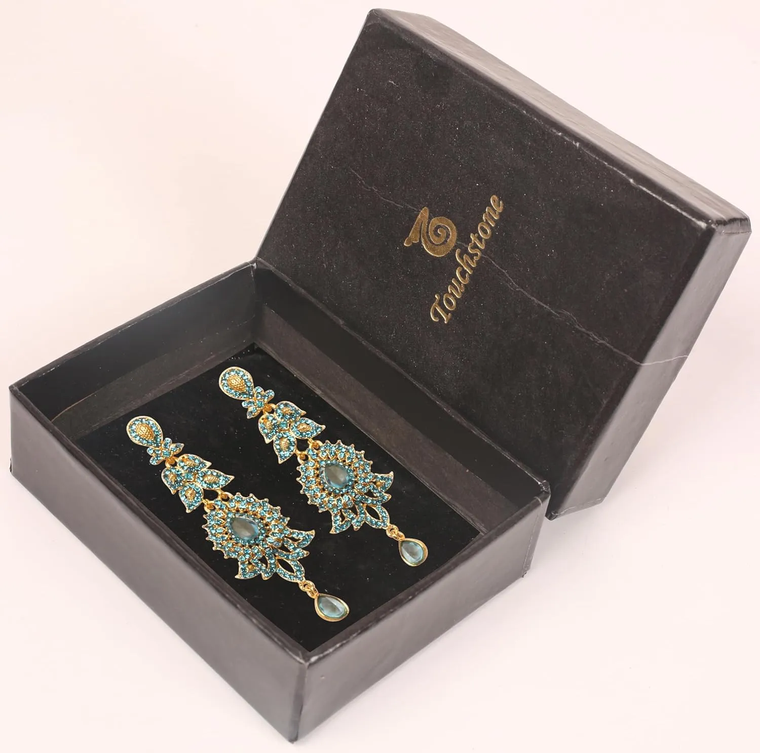 Touchstone "Hollywood Glamour Oscar Collection" Extra Long Chandelier Earrings Indian Paisley Motif Designer Bridal Jewelry In Antique Gold or White Tone for Women.