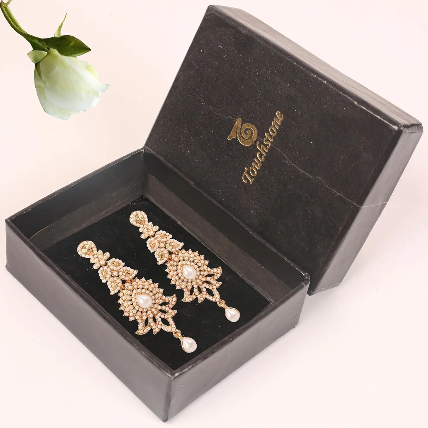 Touchstone "Hollywood Glamour Oscar Collection" Extra Long Chandelier Earrings Indian Paisley Motif Designer Bridal Jewelry In Antique Gold or White Tone for Women.